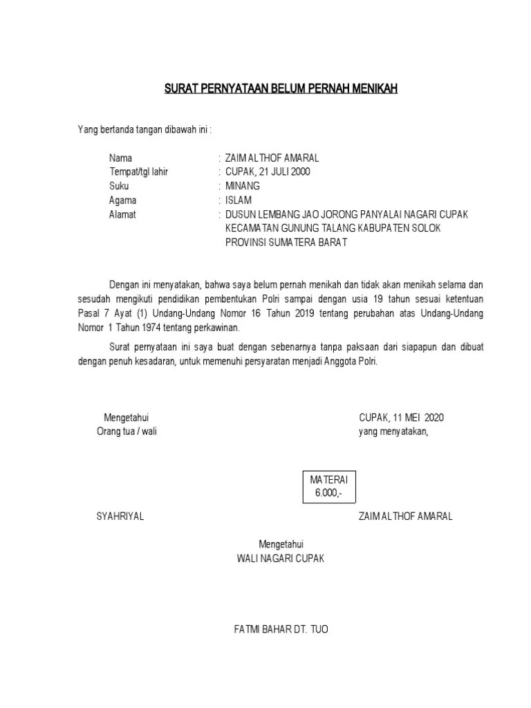 SURAT PERNYATAAN BELUM NIKAH Oke | PDF