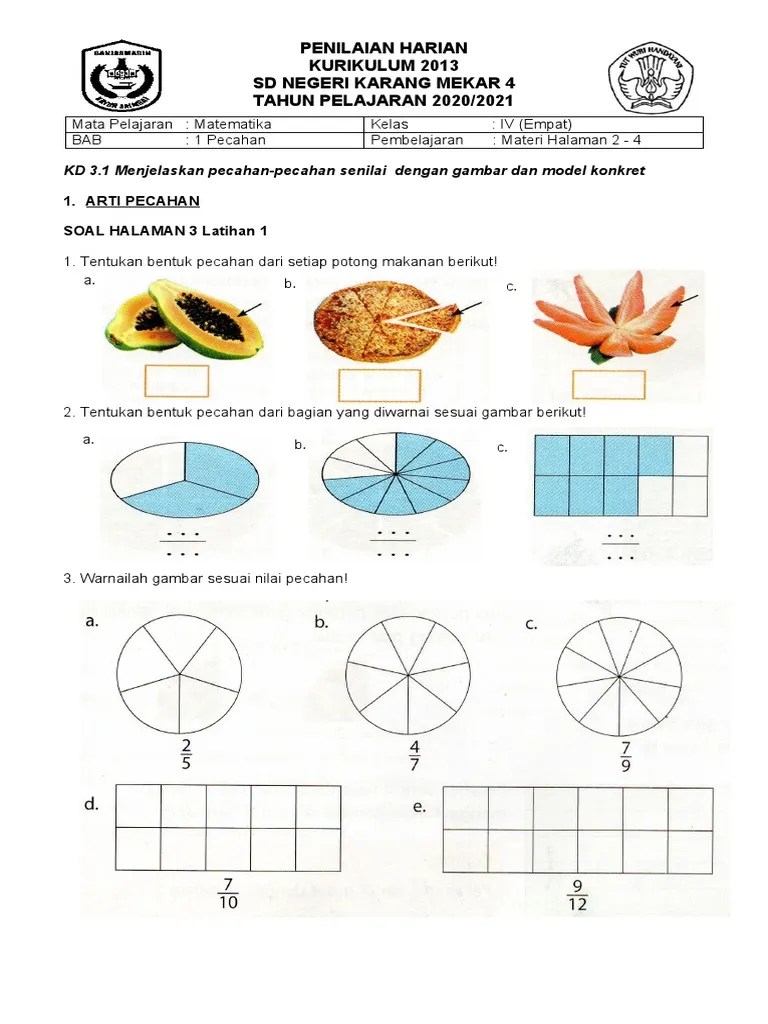Soal Matematika Kelas 4 Kurikulum 2013 Tentang Pecahan
