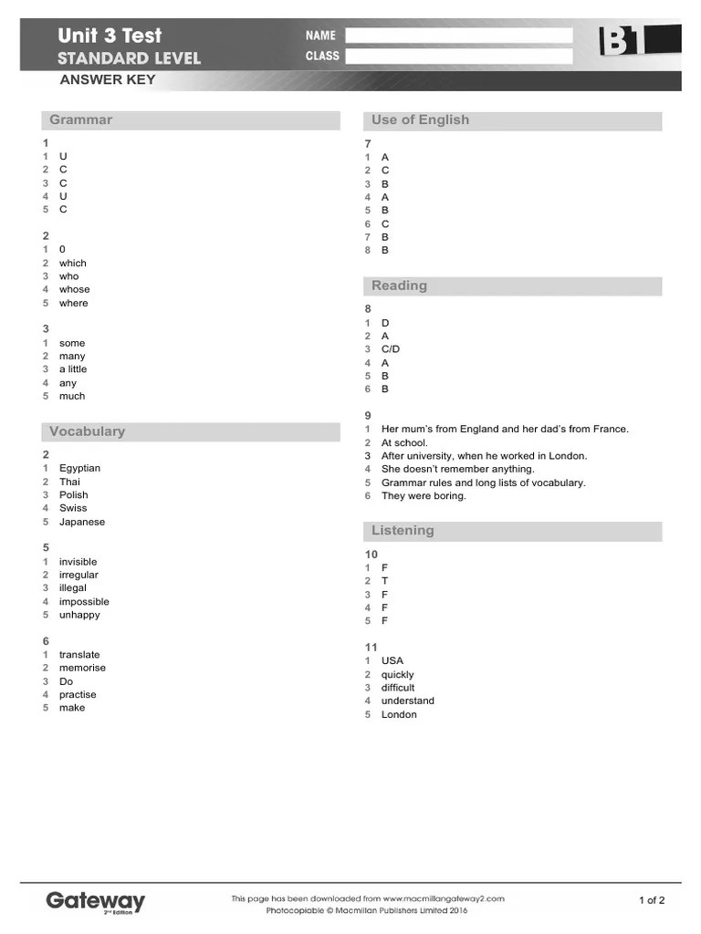 B1 UNIT 3 Test Answer Key Standard | PDF | Cognitive Science | Symbols