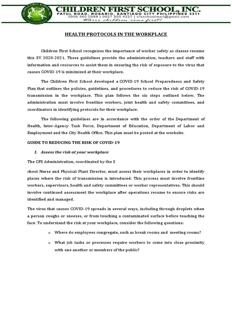 Health Protocols In The Workplace | PDF | Occupational Safety And ...