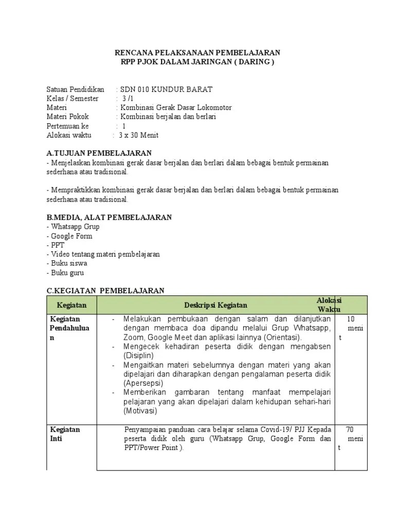 Download agenda harian daring kelas 2 semester ganjil. Rpp Pjok Sd Kelas 3 Semester 1 Daring