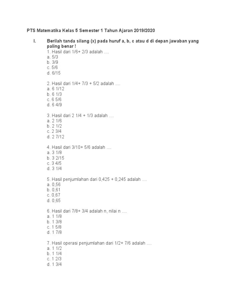 PTS Matematika Kelas 5 Semester 1 Tahun Ajaran 2019 | PDF