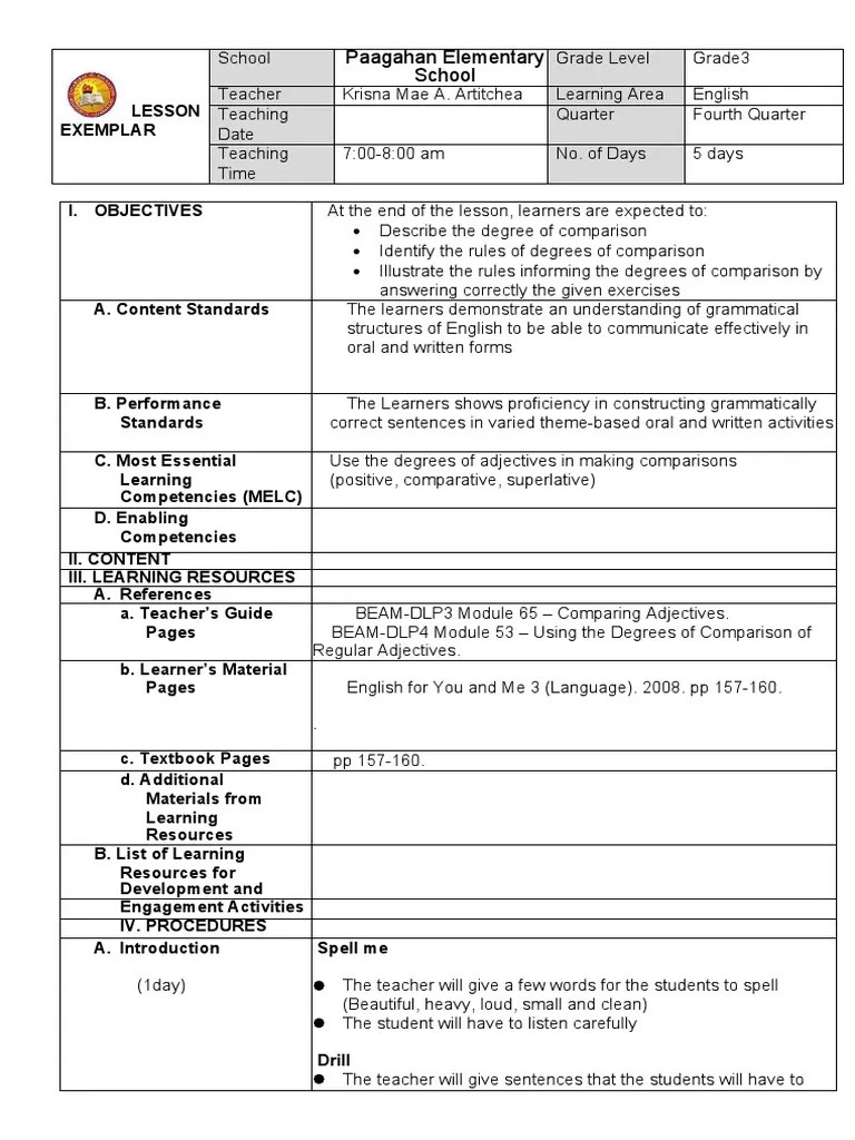 LESSON EXEMPLAR In English 4th QUARTER | PDF | English Language | Adjective