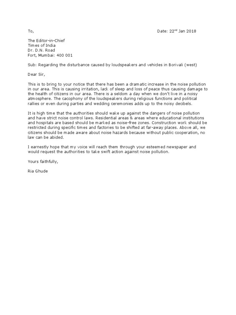 Editor Letter On Noise Pollution | PDF