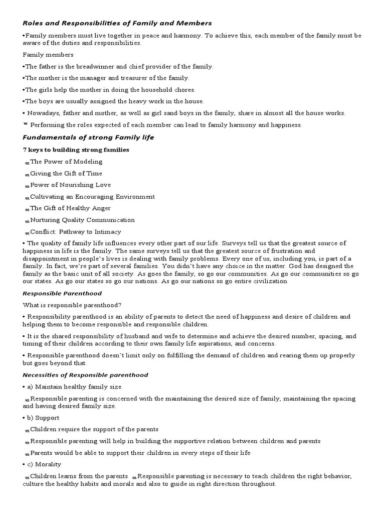 Roles and responsibilities of family and members