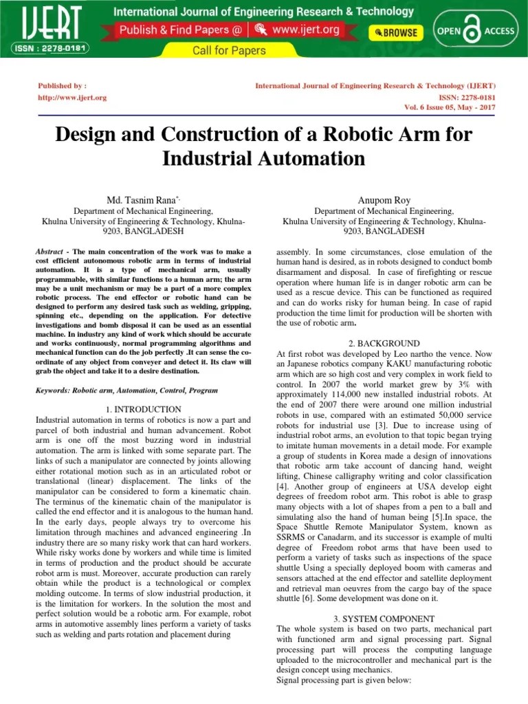 Design And Construction Of A Robotic Arm For Industrial Automation ...
