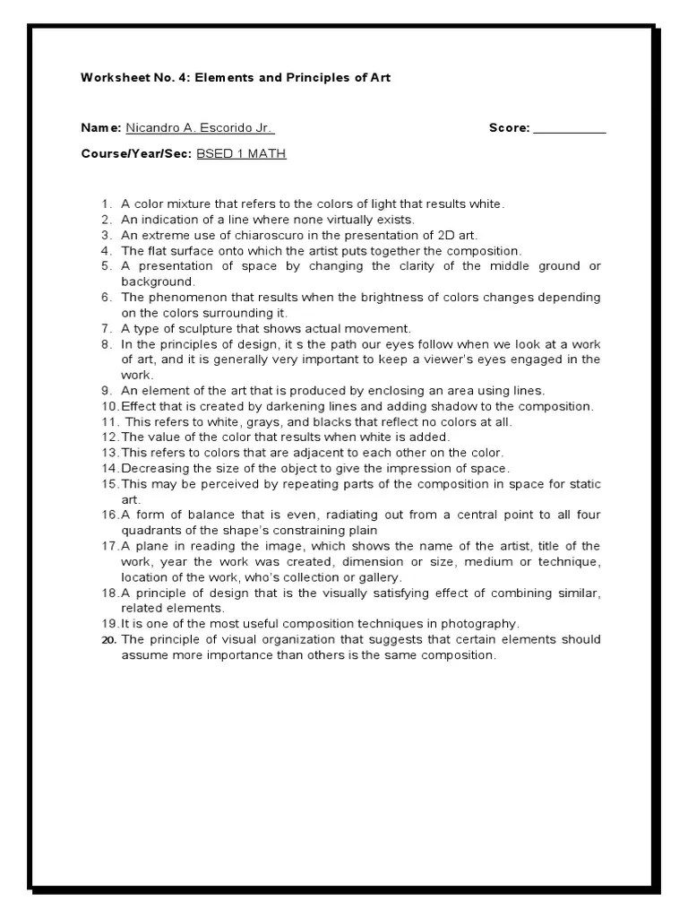 Worksheet No. 4 Elements And Principles Of Art Answers | PDF