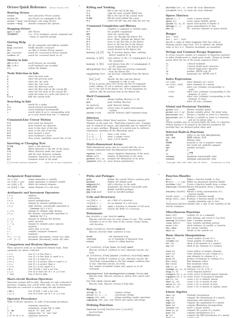 GNU Octave Quick Reference 3.0 | PDF | Matrix (Mathematics) | Command ...