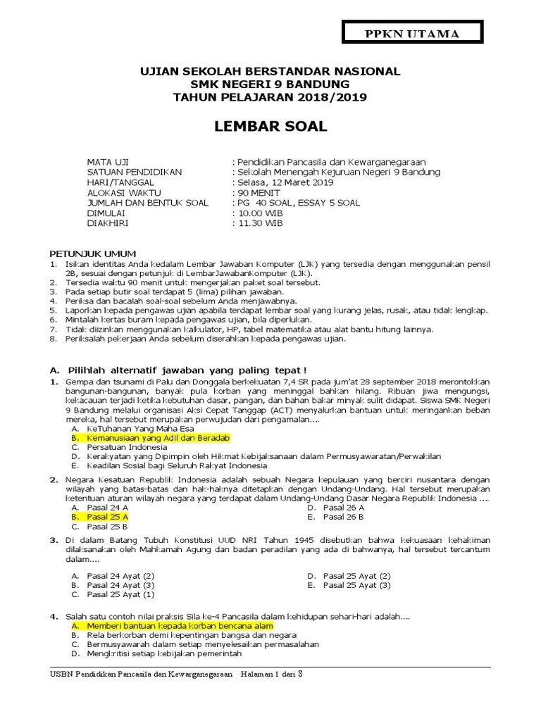 Soal berbentuk pilihan ganda (pg). Soal Usbn Ppkn 2019 Utama