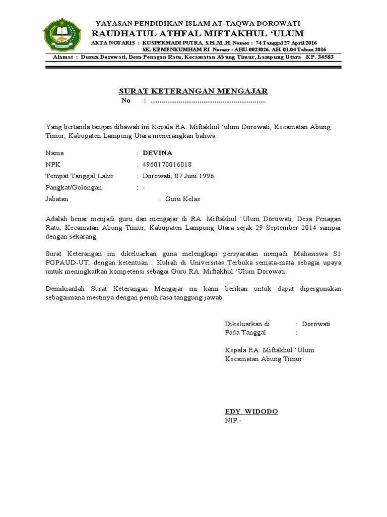 Surat Keterangan Mengajar | PDF