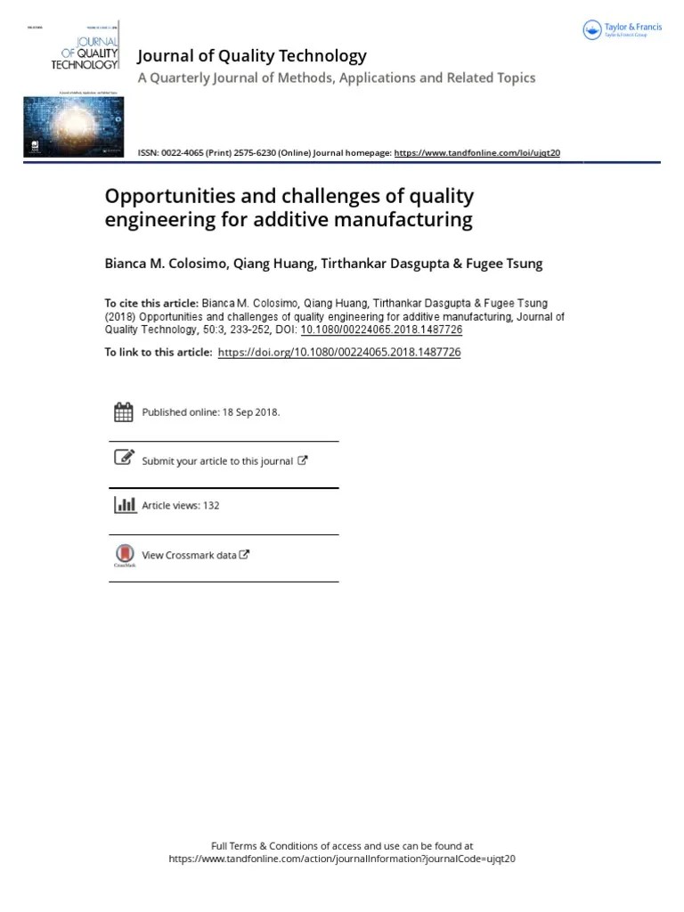 Opportunities And Challenges Of Quality Engineering For Additive Manufacturing - JQT - 2018 PDF ...
