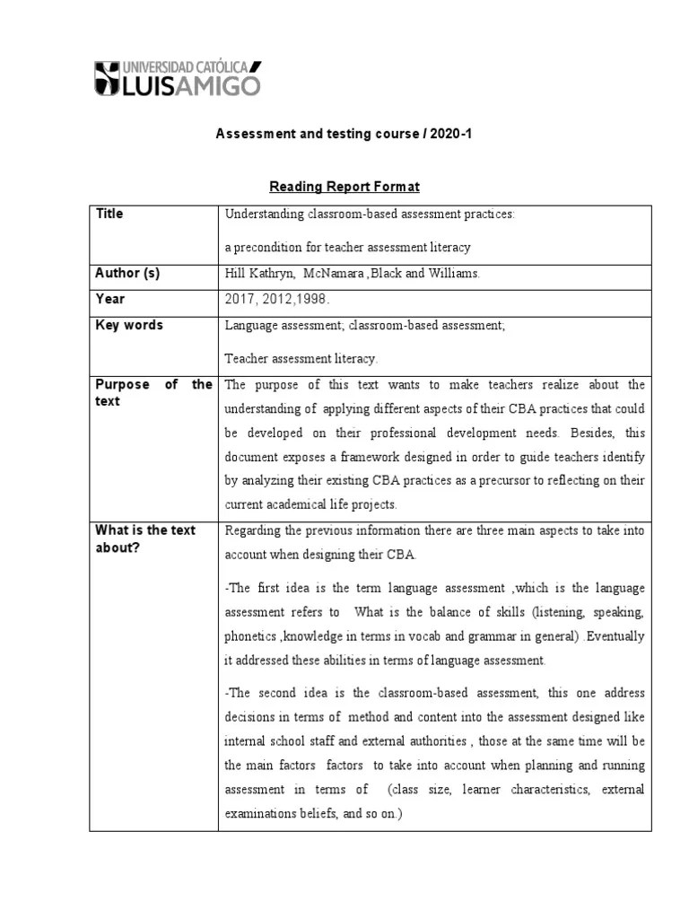 Reading Report Format | PDF | Educational Assessment | Literacy