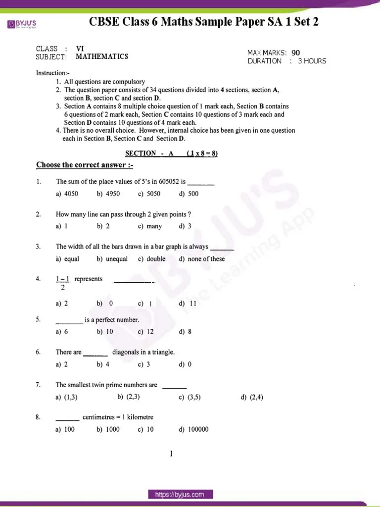 CBSE Sample Paper Class 6 Maths SA1 Set 2 | PDF | Geometry | Teaching Mathematics