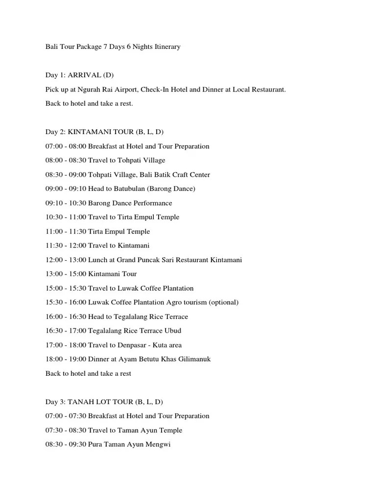 Bali Tour Package 7 Days 6 Nights Itinerary 1 | PDF | Bali | Hospitality Industry