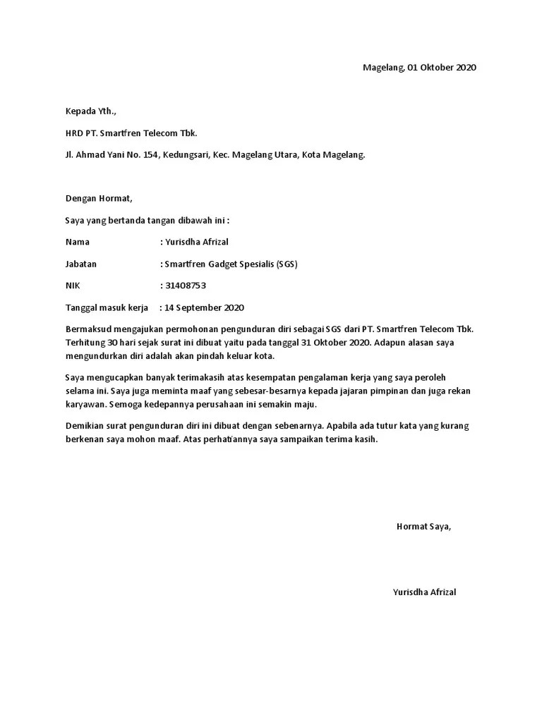 Contoh surat lamaran kerja smartfren sgs contoh surat lamaran . Yuris Resign Pdf