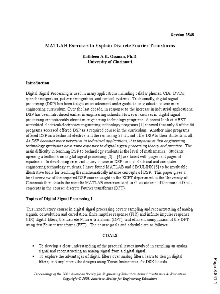 Matlab Exercises To Explain Discrete Fourier Transforms PDF | PDF ...