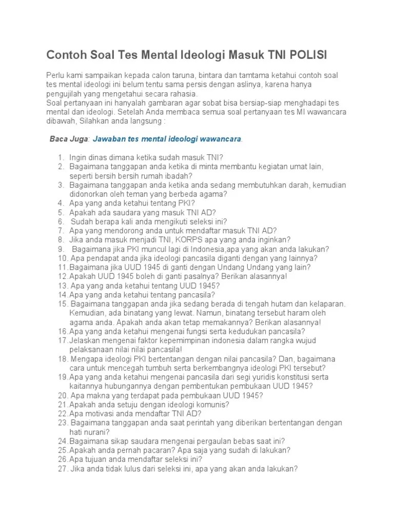 Contoh Soal Tes Mental Ideologi Masuk TNI POLISI Scribd 2 | PDF