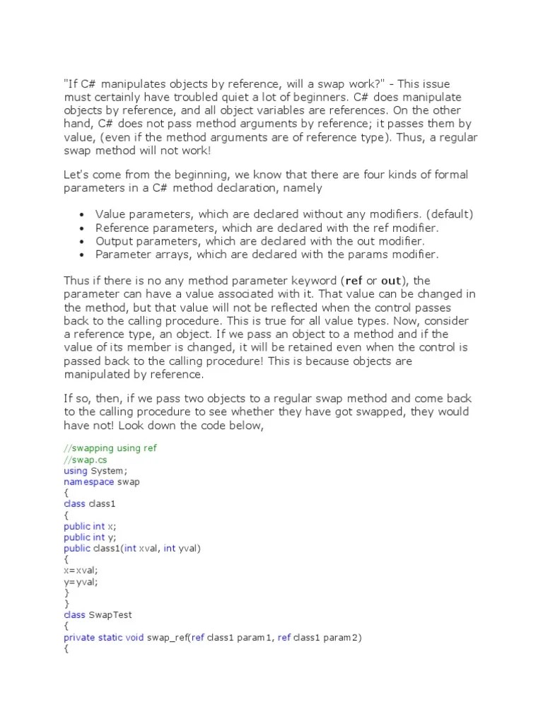 Swapping Using Ref //swap - CS: Using Namespace Class Public Int Public ...
