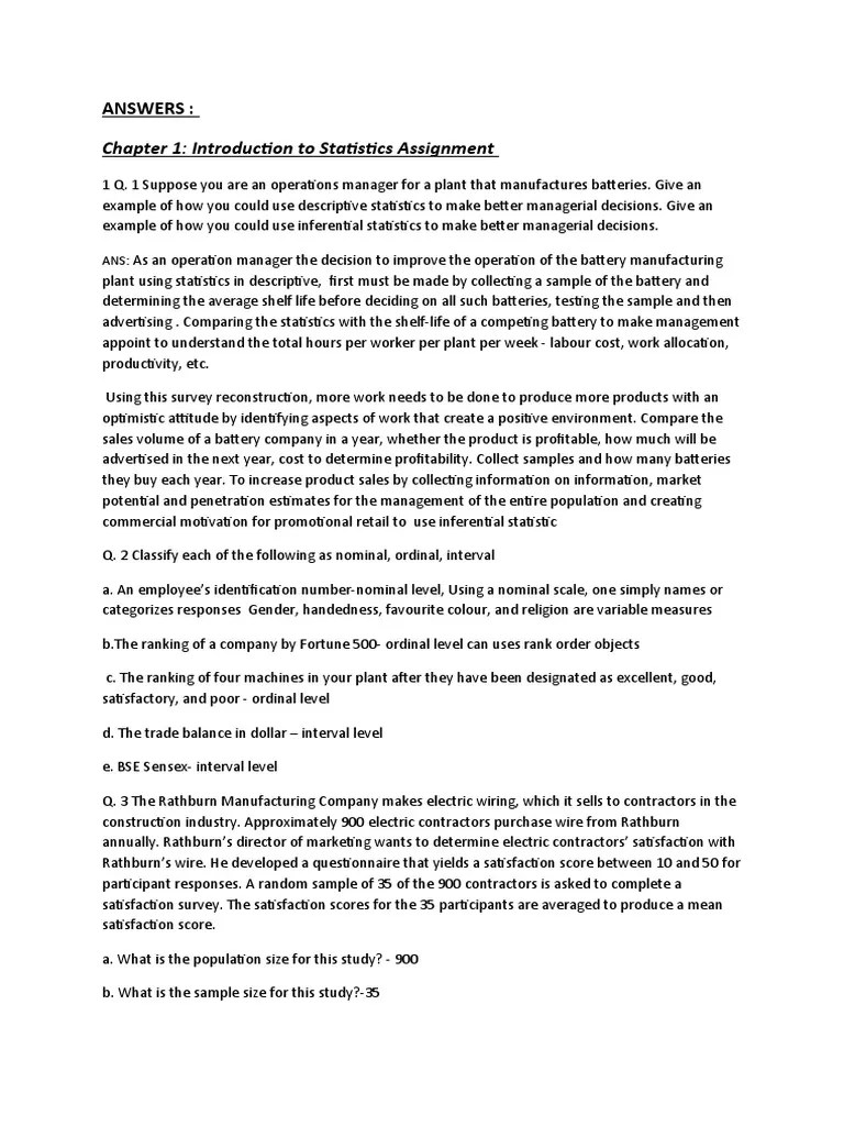Chapter 1: Introduction To Statistics Assignment: Answers | PDF | Mean | Statistics