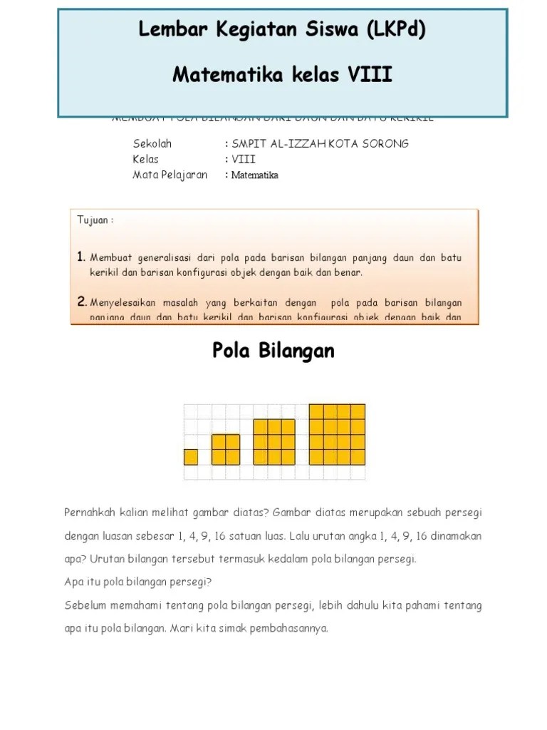A short summary of this paper. Lks Proyek Matematika Kls 8 Pola Bilangan Fix Pdf