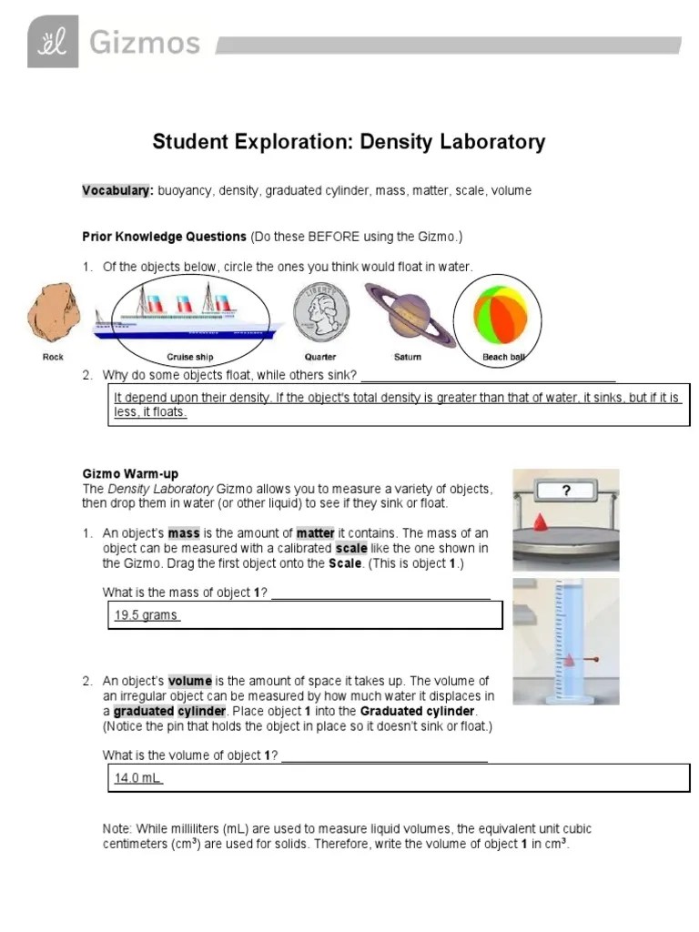 Student Exploration: Density Laboratory: Vocabulary: Buoyancy, Density ...