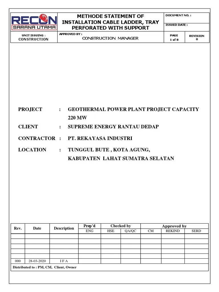 Method Statement Of Installation Cable Ladder, Tray With Support PDF | PDF | Pipe (Fluid ...