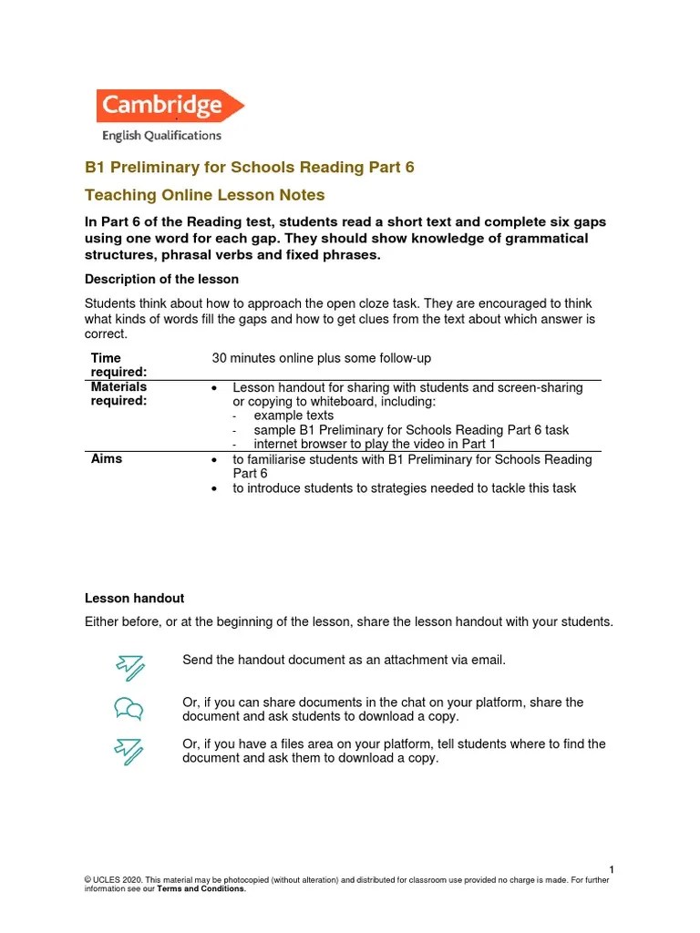 B1 Preliminary For Schools Reading Part 6 Teaching Online Lesson Notes ...