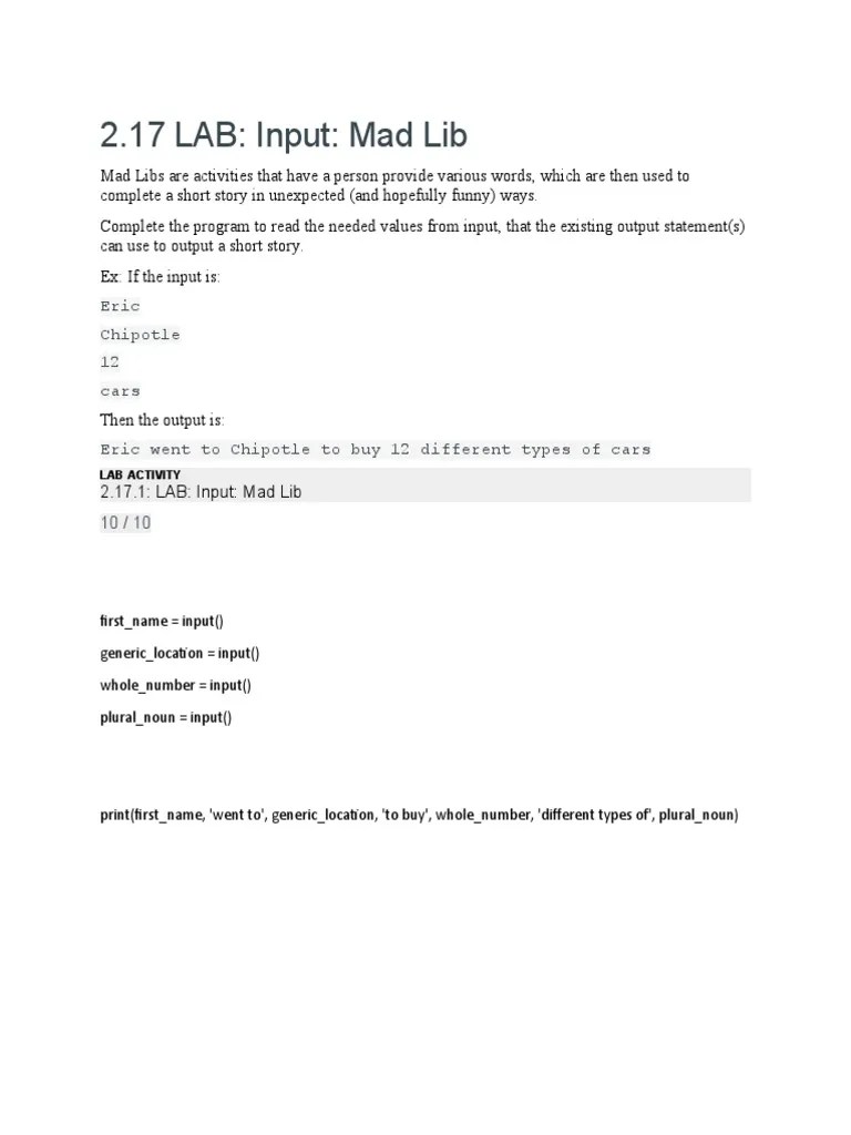 2.17 LAB Input Mad Lib | PDF