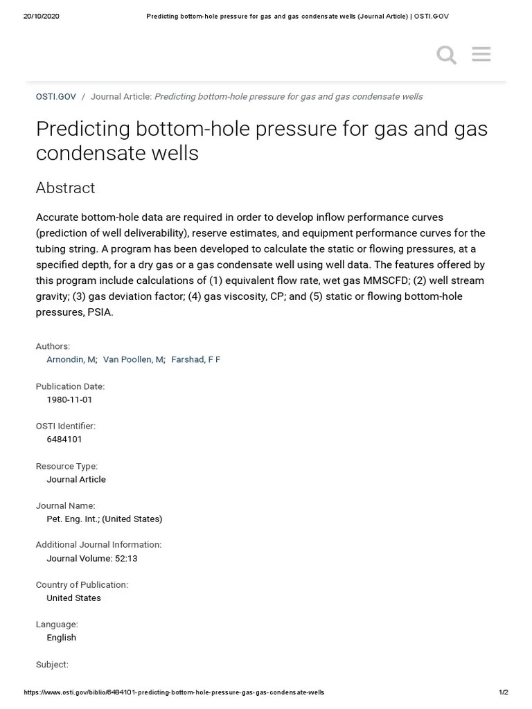 Predicting Bottom-Hole Pressure For Gas And Gas | PDF | Pressure | Oil Well