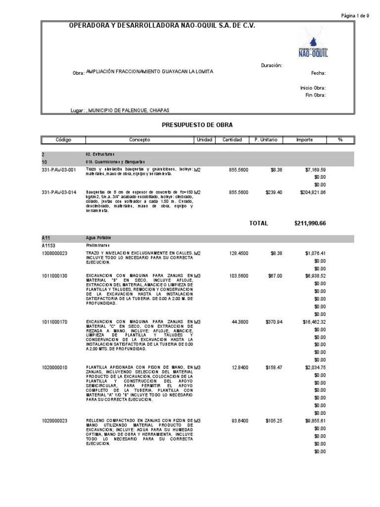 Presupuesto Estructuras Agua Potable Y Alcantarillado Para Cotizar Subcontratista 22-10-2020 ...