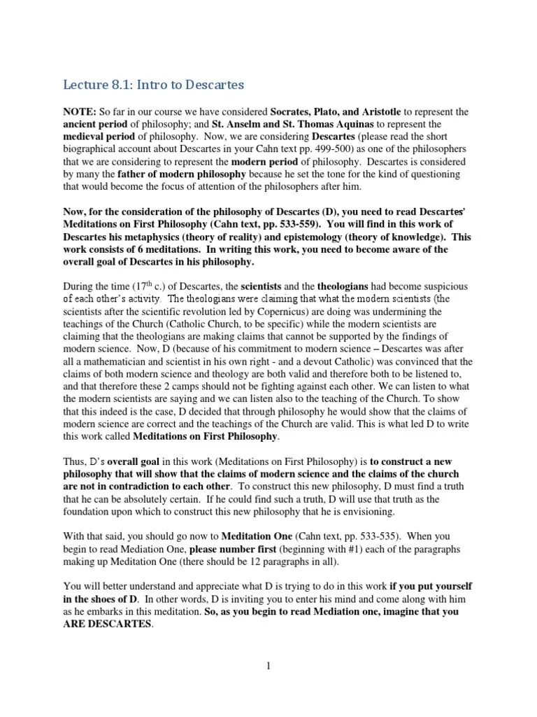 Lecture 8.1 - Intro To Descartes | PDF | René Descartes | Philosophical Theories