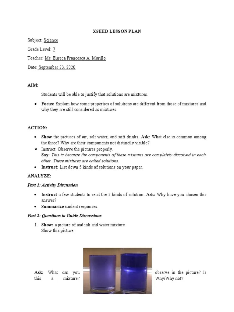 Xseed lesson plan: other. these mixtures are called solutions