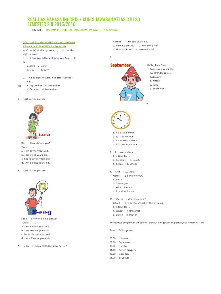 27112015 soal uas bahasa inggris kelas 3 semester 1 ini bisa . Soal Uas Bahasa Inggris Kelas 3 Sd A Pdf