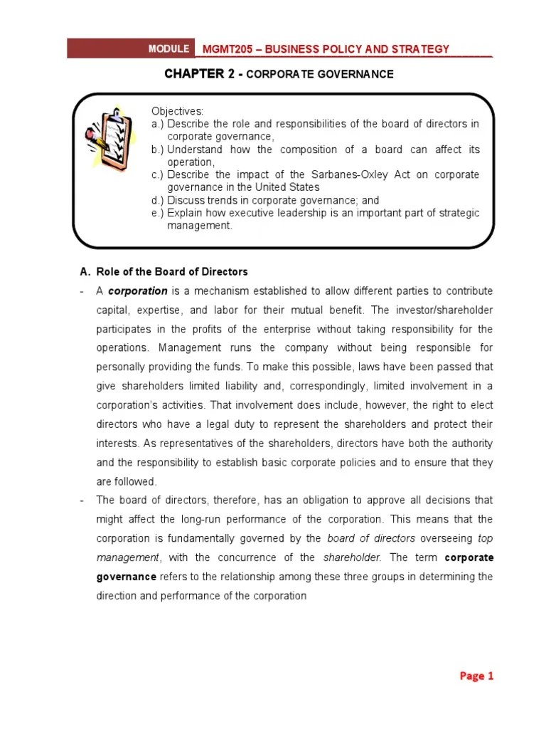 Chapter 2 - CORPORATE GOVERNANCE | PDF | Chief Executive Officer | Board Of Directors