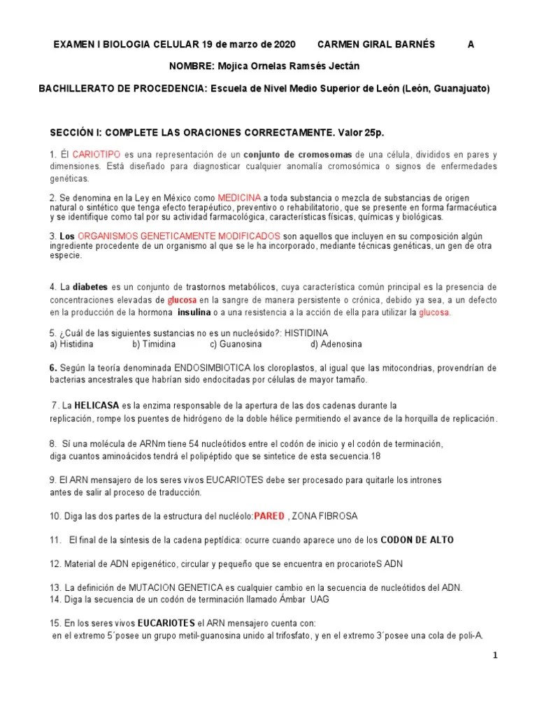 Examen I Biologia Celular | PDF | Rna | Adn