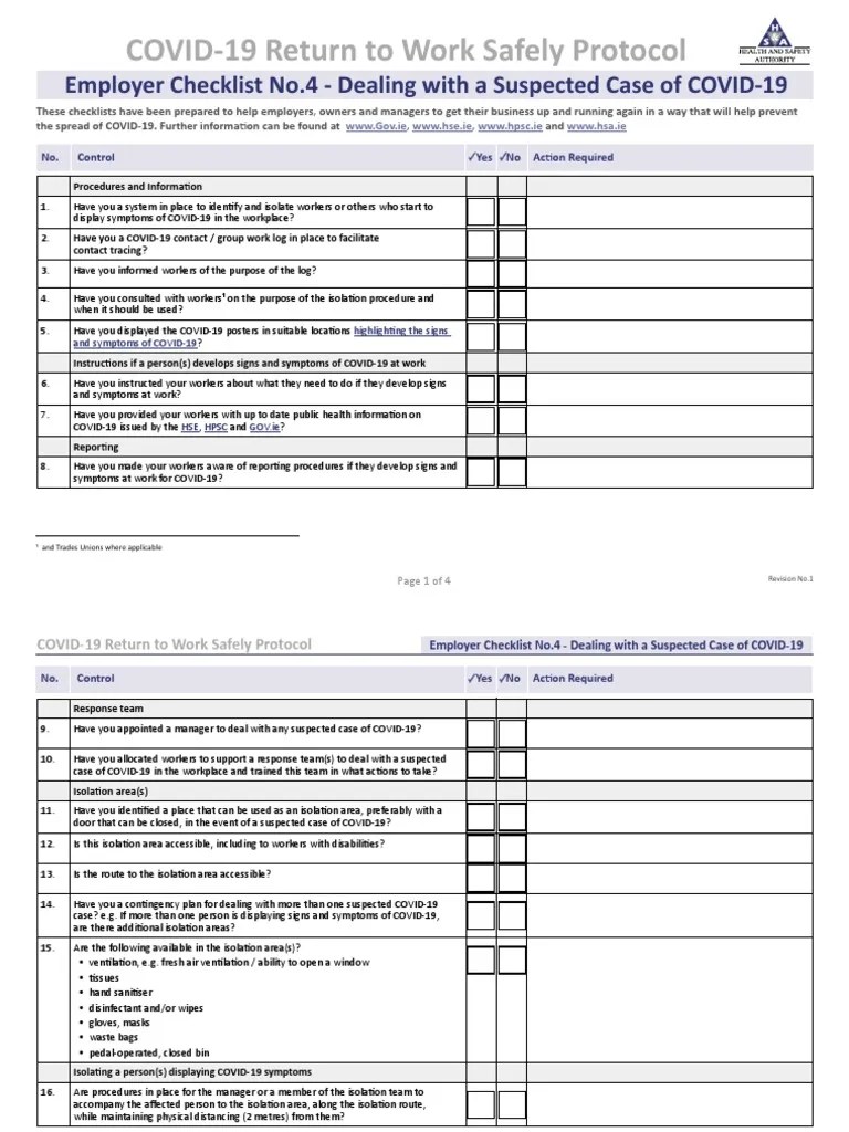 COVID-19 Return To Work Safely Protocol: Employer Checklist No.4 ...