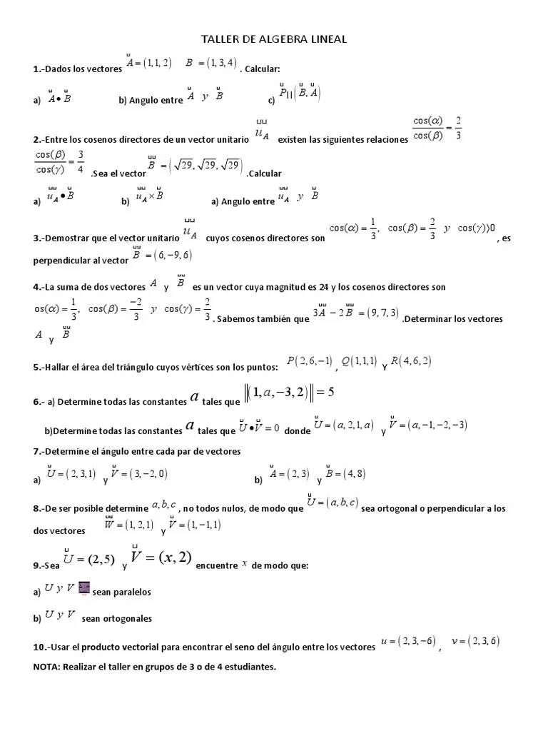 Taller-2 - De Algebra Lineal (Vectores) | PDF | Ortogonalidad | Vector Euclidiano