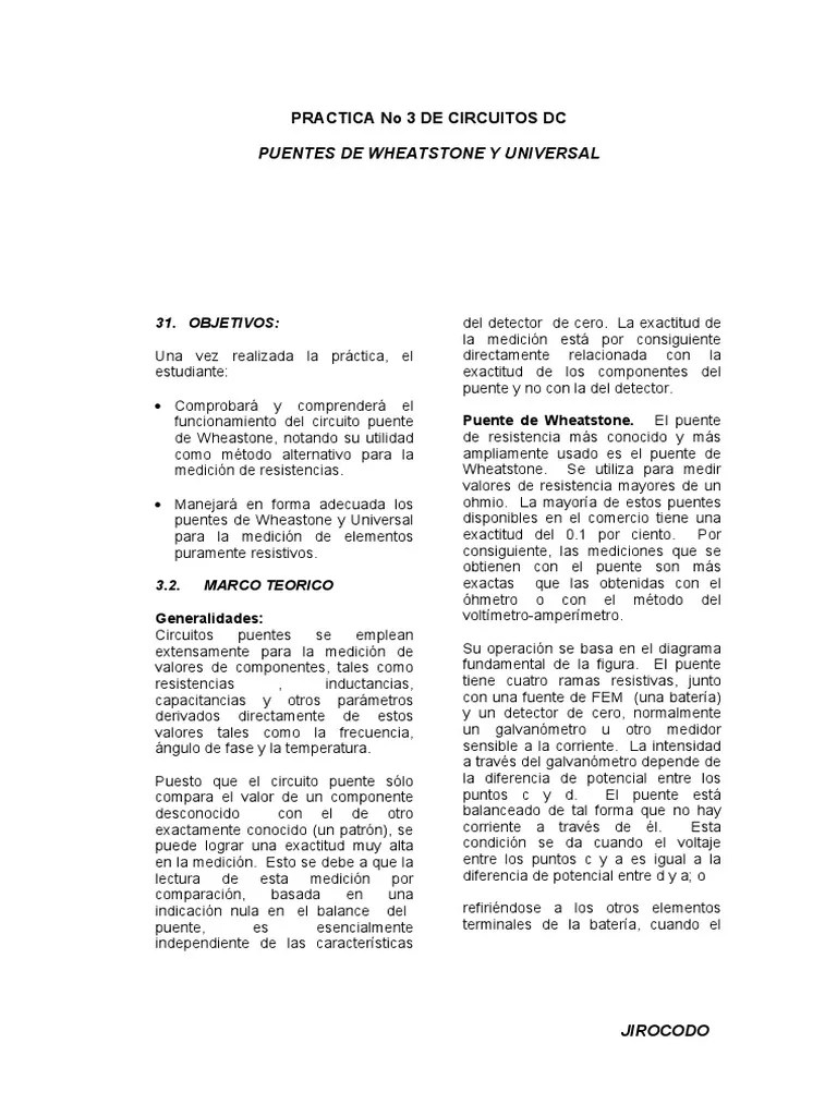 Practica 3 Puente De Wheatstone PDF | PDF | Resistencia Eléctrica Y Conductancia | Medición