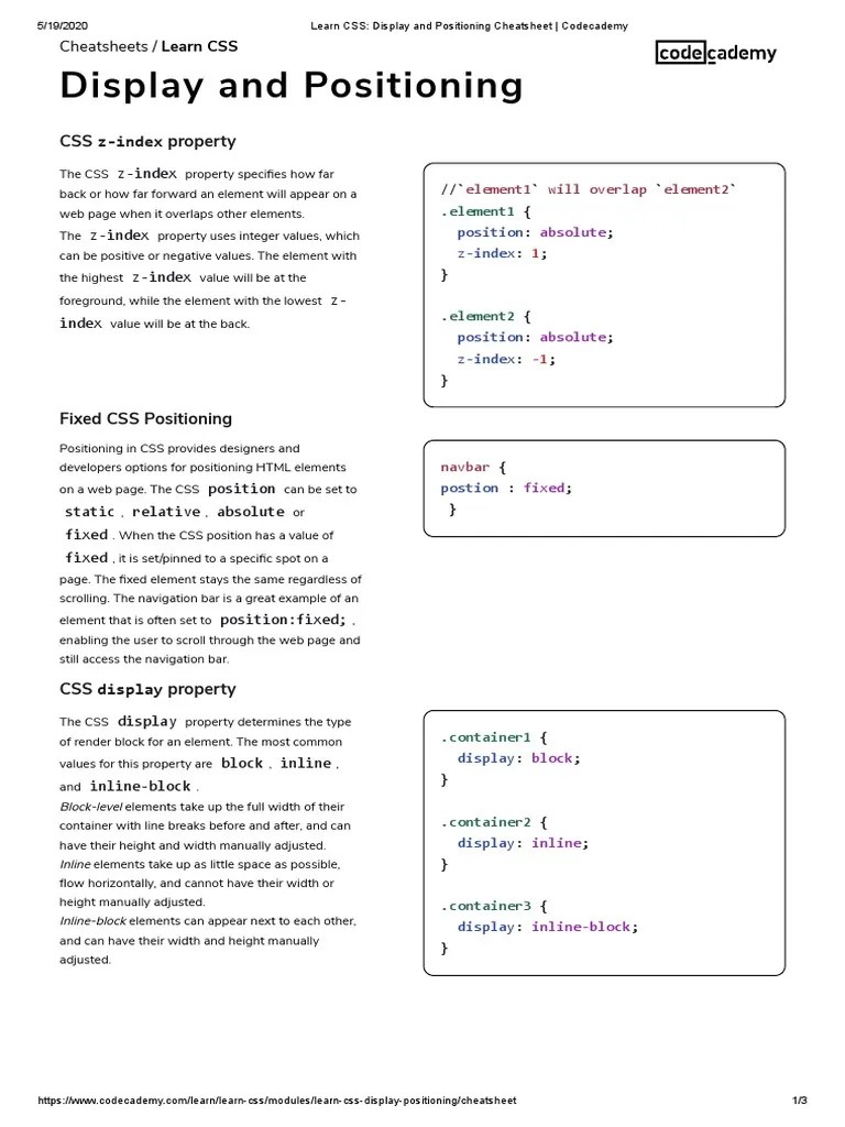 Display And Positioning Cheatsheet | PDF | Cascading Style Sheets ...