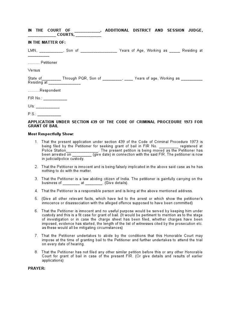 Bail Application Format | PDF | Bail | Arrest