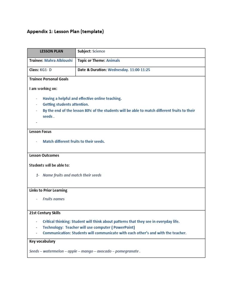 Appendix 1 Lesson Plan Template Science Pdf Lesson Plan