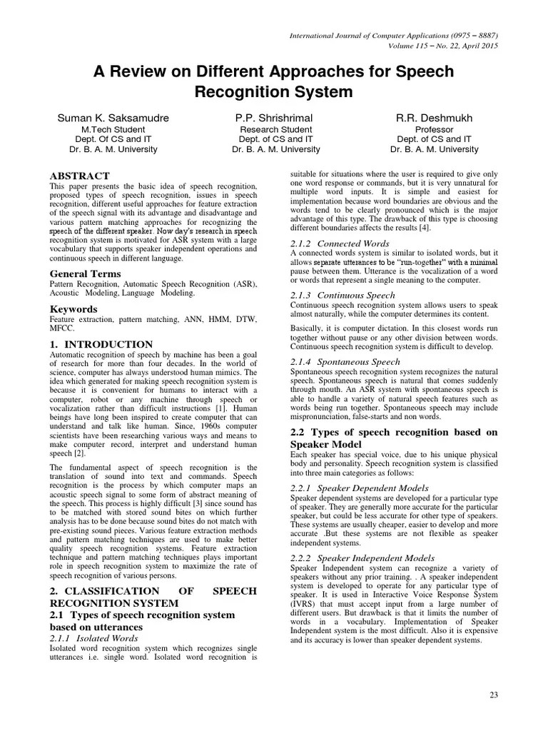 A Review On Different Approaches For Speech - Recognition System | PDF ...