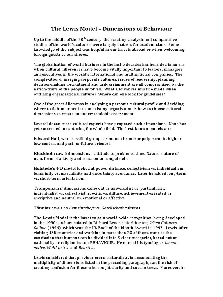 The Lewis Model - Dimensions Of Behaviour | PDF | Behavioural Sciences | Psychology