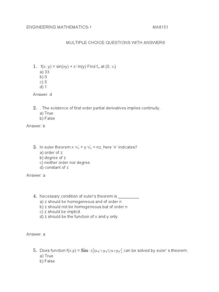 Multiple Choice Questions On Engineering Mathematics Topics Including Partial Derivatives, Euler ...
