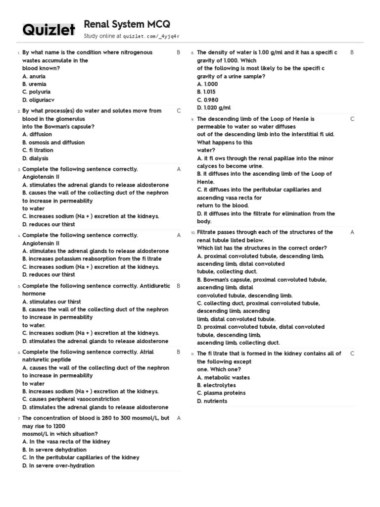 Renal MCQ 4 | PDF | Kidney | Angiotensin