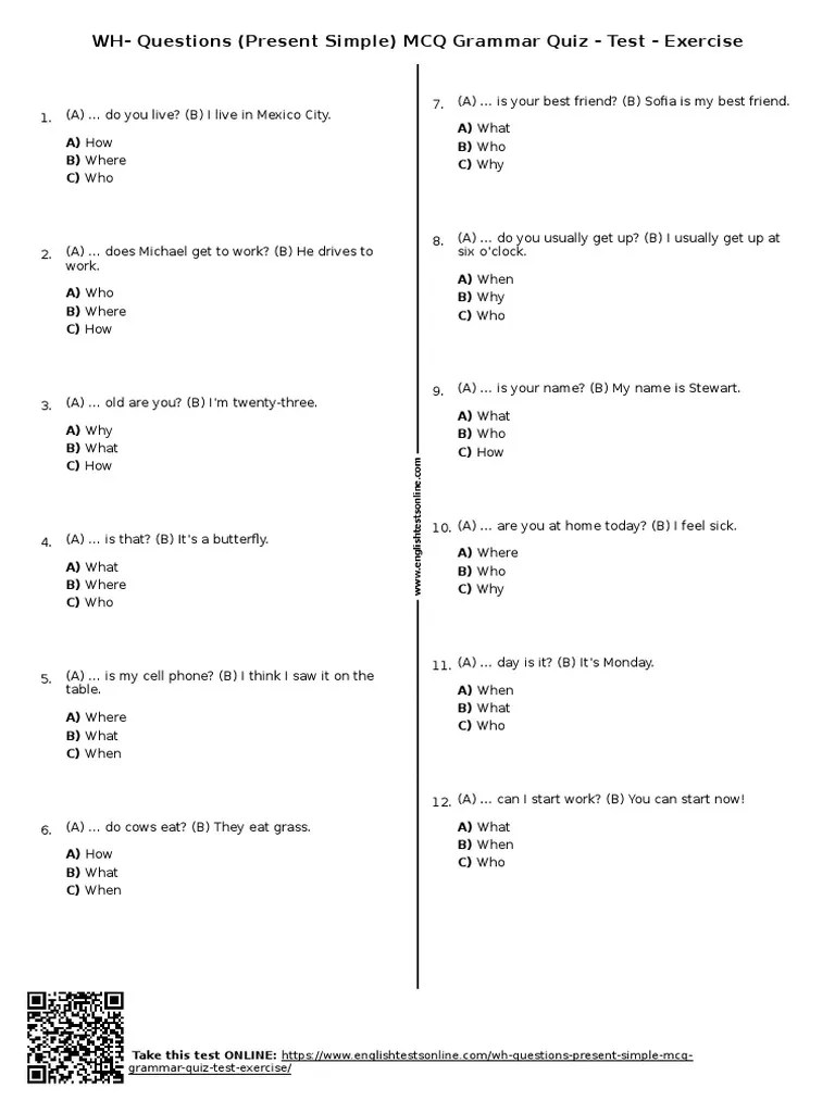 785 - WH Questions Present Simple MCQ Grammar Quiz Test Exercise | PDF | Leisure