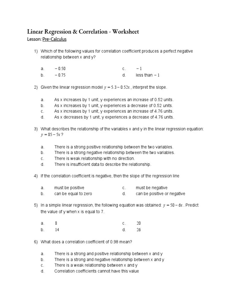 Statistics - Linear Regression - Correlation Worksheet PDF | PDF ...