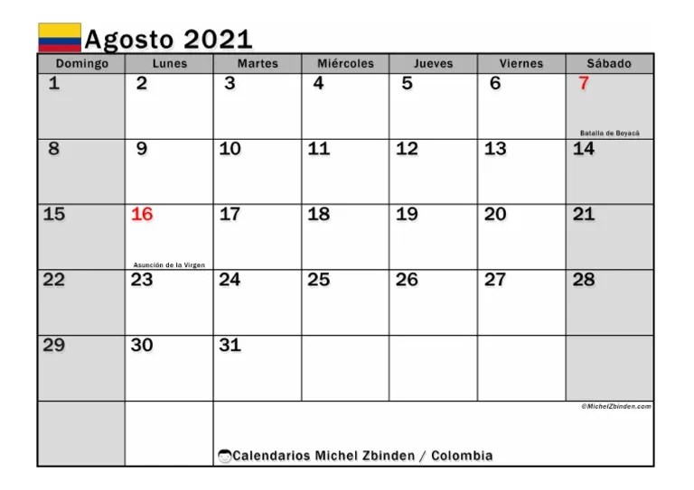 Calendários mensais e planejadores para todos os dias, semanas, meses e anos com campos para . Calendario Agosto 2021 Colombia 1 Pdf Pdf