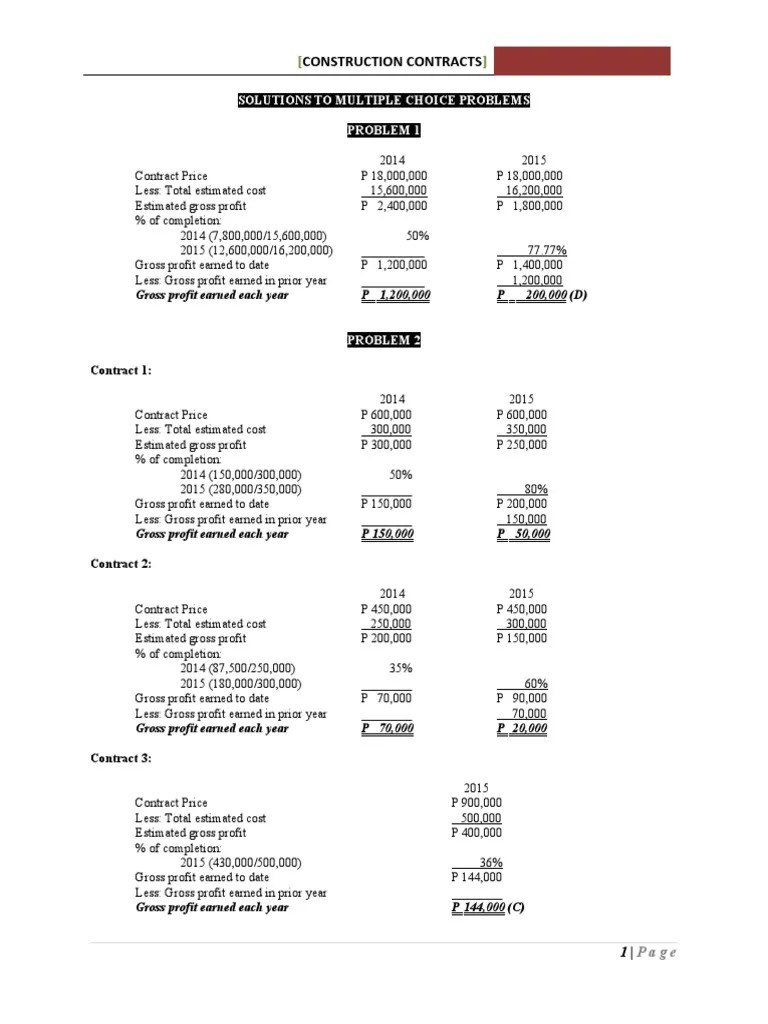 Construction Contracts: Solutions To Multiple Choice Problems Problem 1 ...