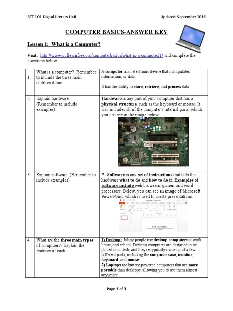 Computer Basics Lesson 1-What Is A Computer (Answer Key) | PDF ...